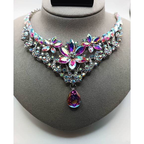 Iridescent Austrian Crystal Flower Necklace & Earrings Set, Silver Tone - Picture 2 of 4